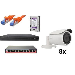 Business Komplettset HIKVISION Videoüberwachung NVR Rekorder 4K + 8x 4MPX Kameras Versorgung Kameras POE über Switch